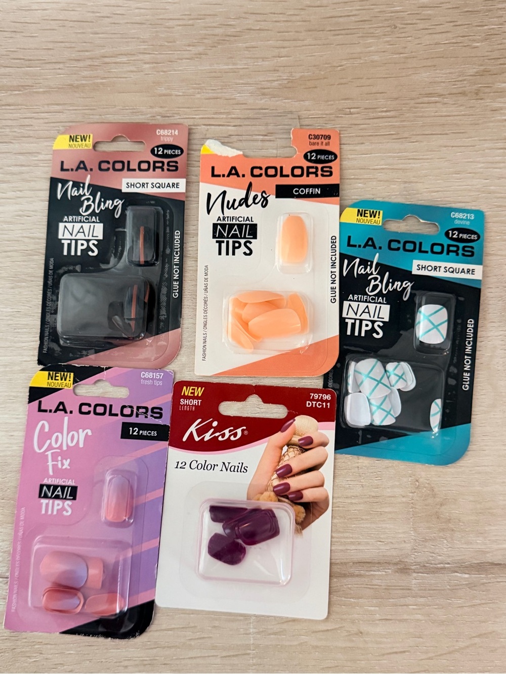 L.A. COLORS & Kiss Assorted Artificial Nail Tips - Peach, Teal, Pink, Purple